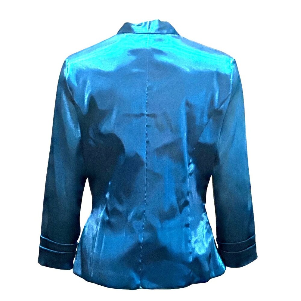 Jackie Jon New York Size 6 Teal Satin Wrap Tie Waist Top Back Zipper Luxe Shine - Picture 4 of 12